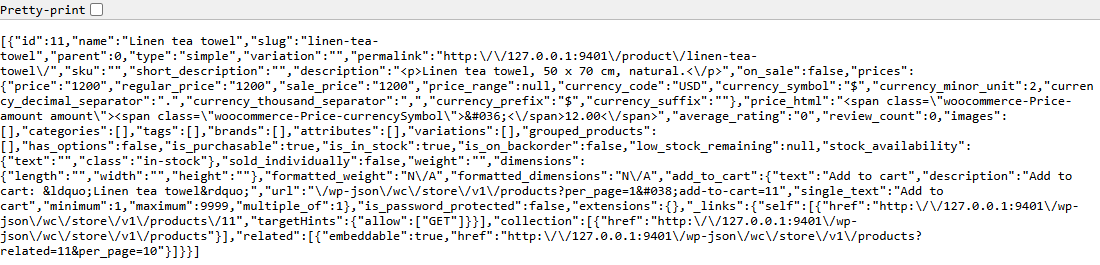 The WooCommerce Store API in a browser: one product, the Linen tea towel, as JSON